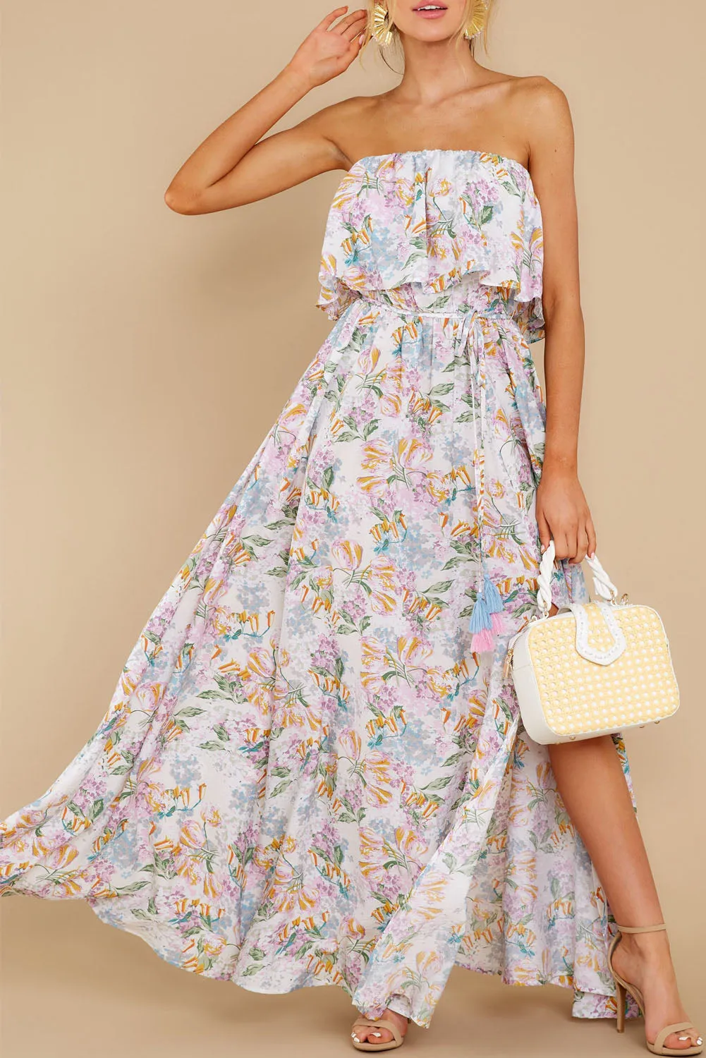 Floral Print Strapless Tube Top Maxi Dress