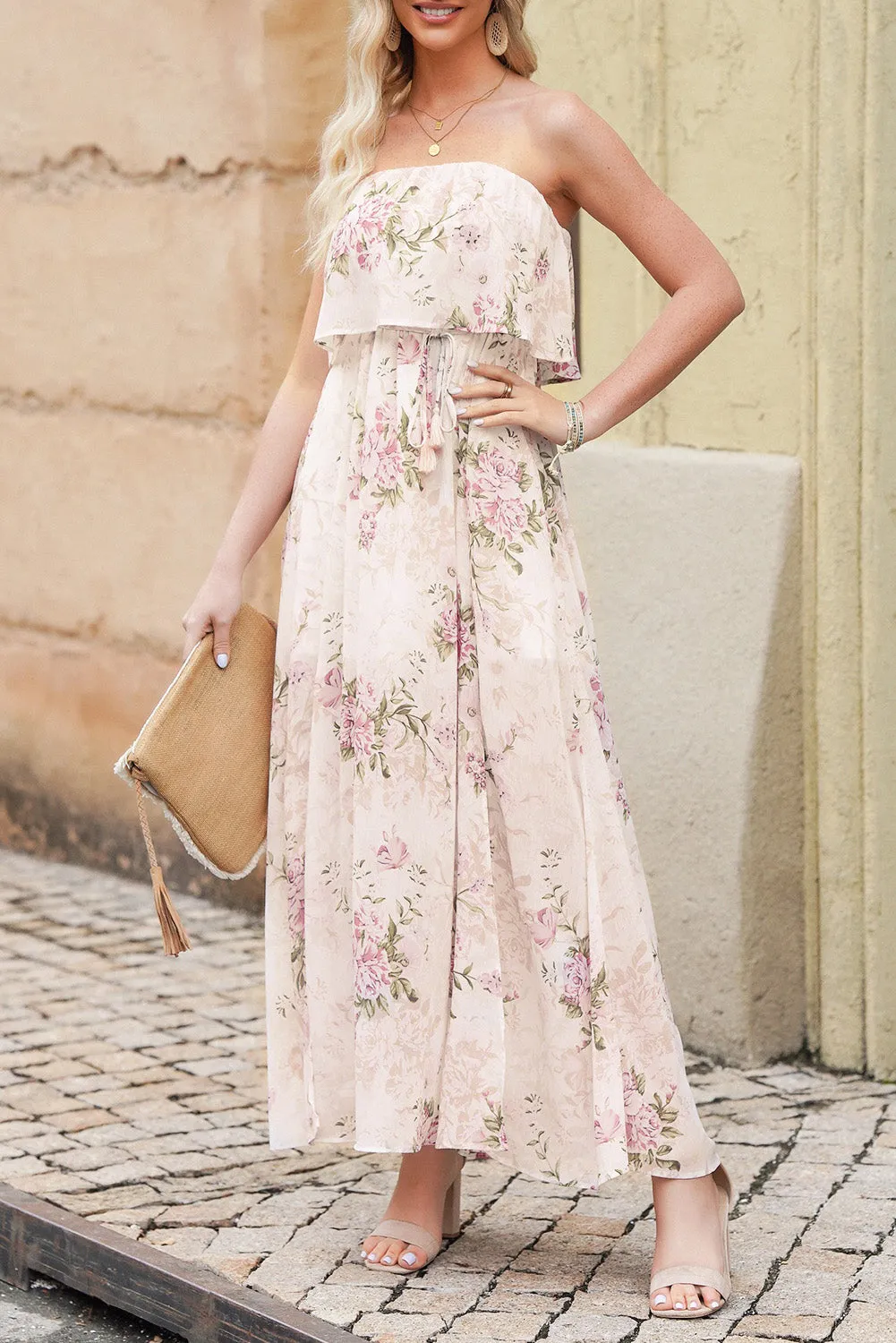 Floral Print Strapless Tube Top Maxi Dress