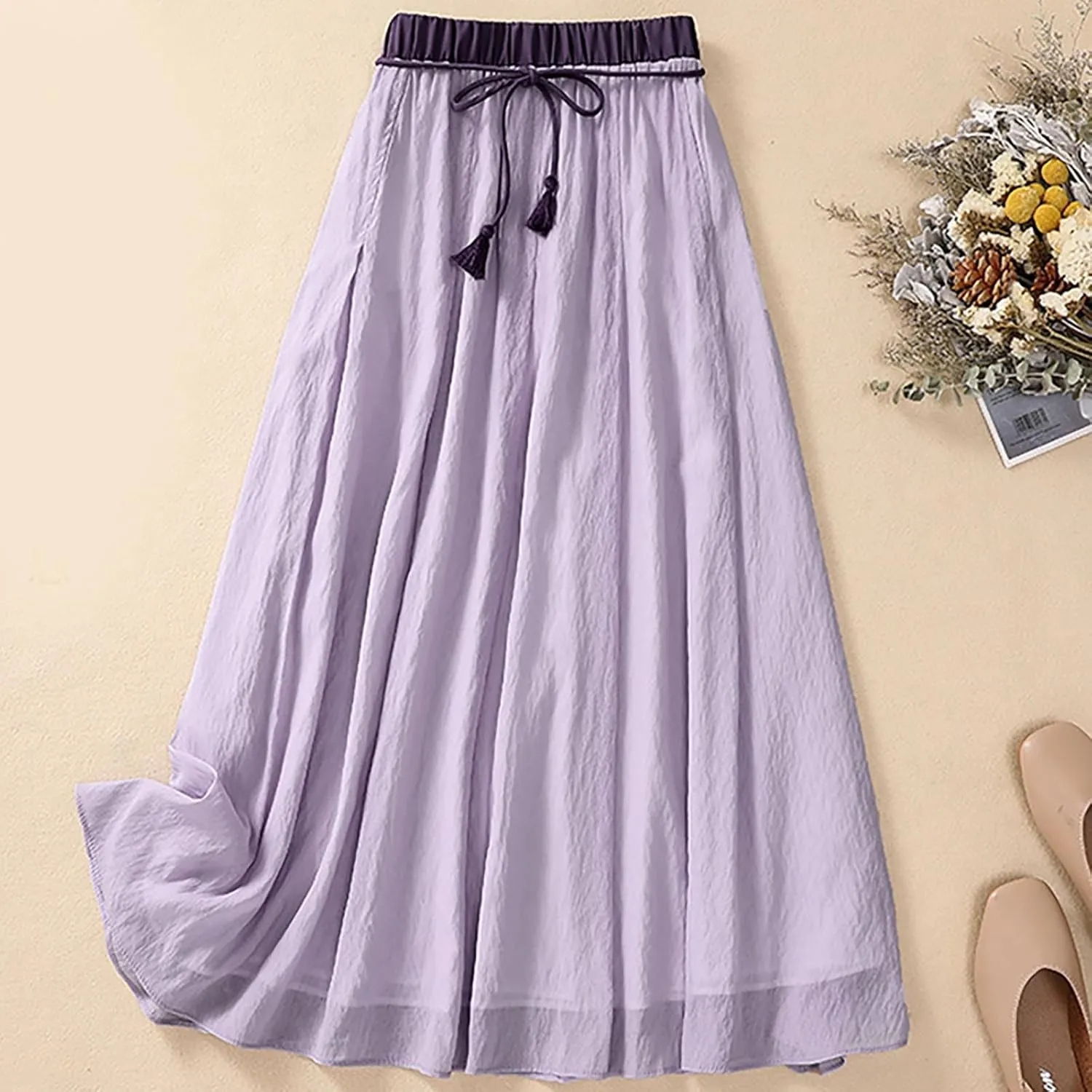 Flowy Midi Skirt for Women Elastic High Waisted Casual Tie-up Solid Color Summer A Line Waistband Skirts