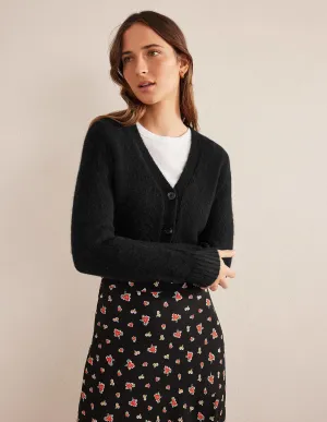 Fluffy Cropped V-Neck Cardigan-Black
