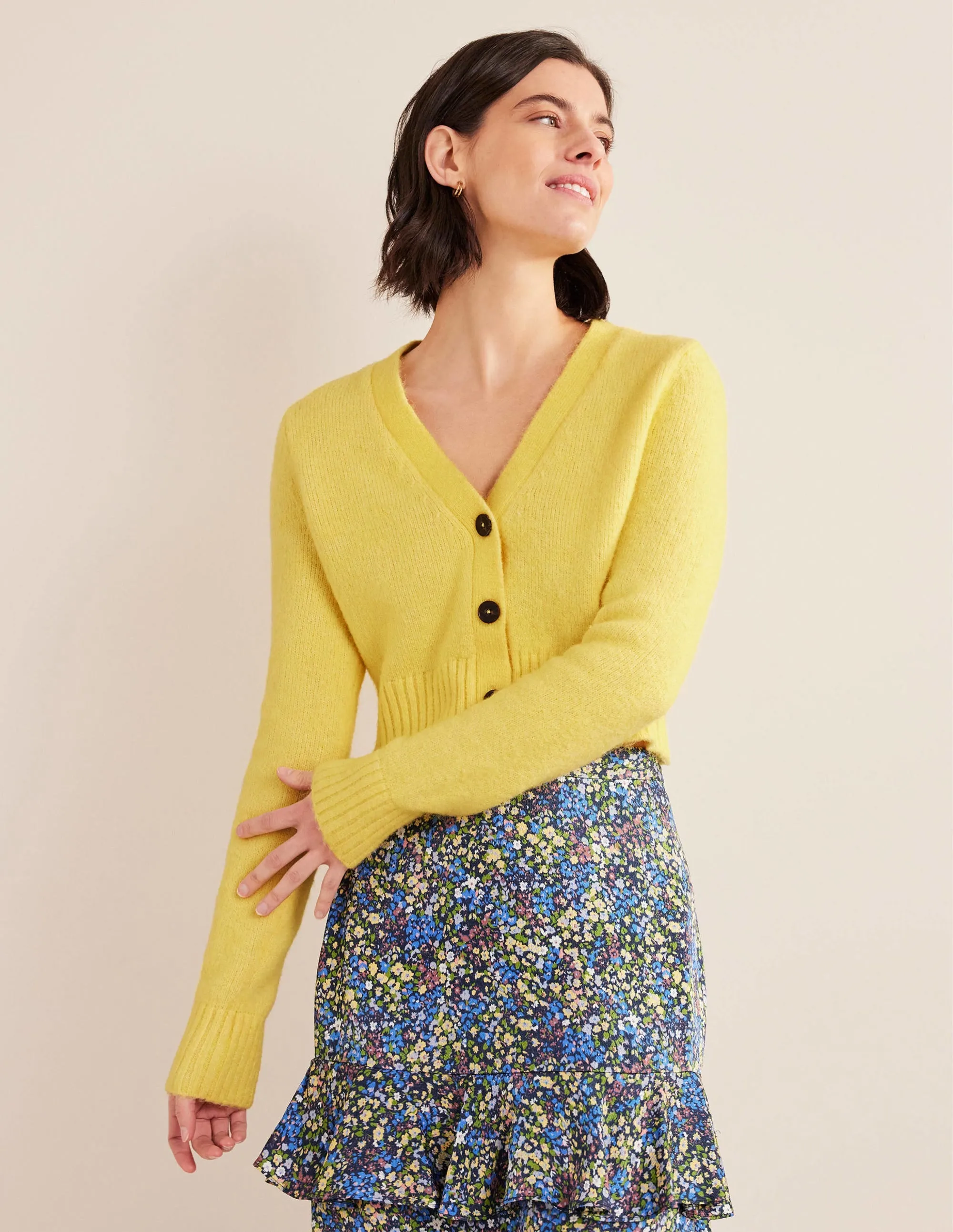 Fluffy Cropped V-Neck Cardigan-Bumble Bee