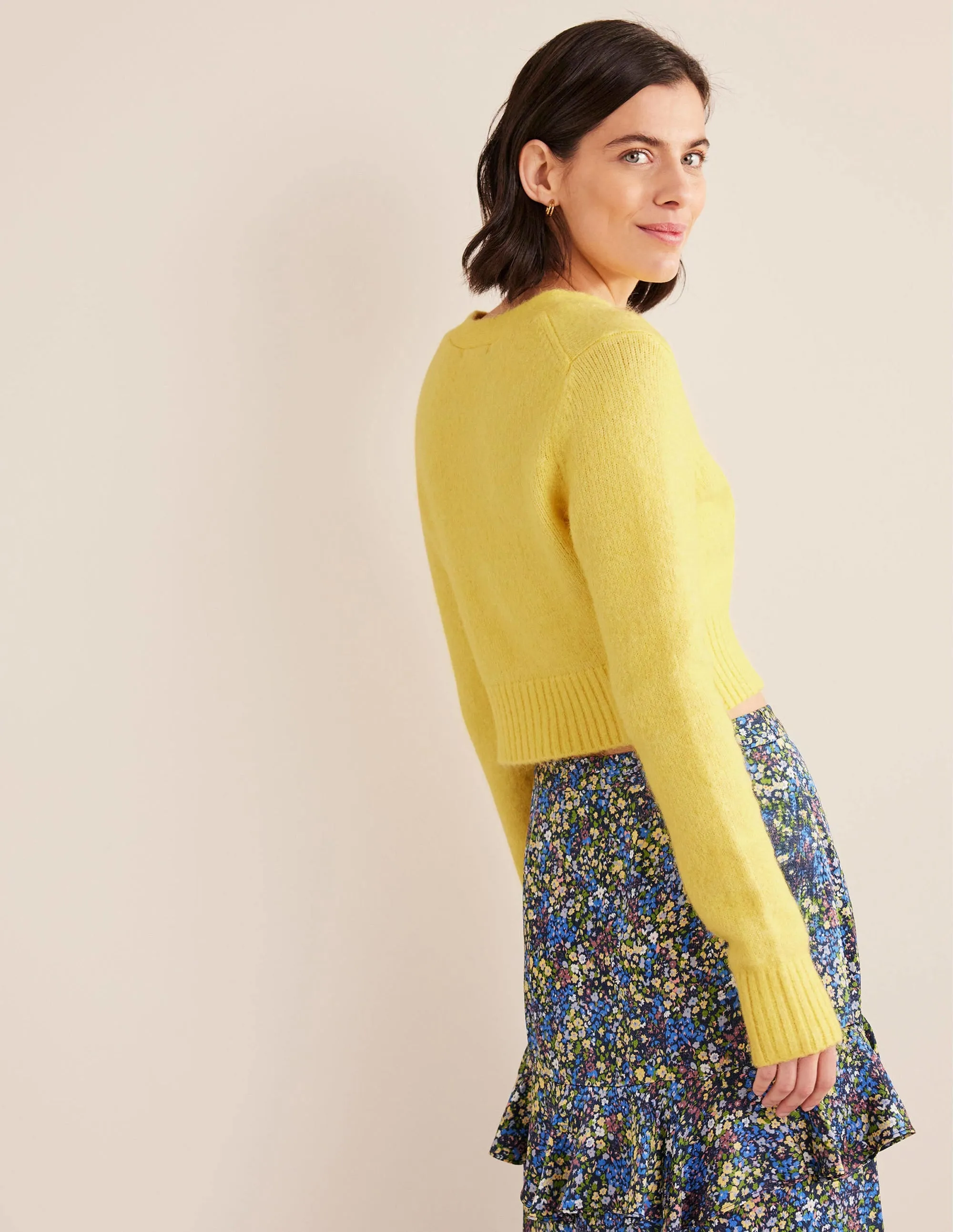 Fluffy Cropped V-Neck Cardigan-Bumble Bee