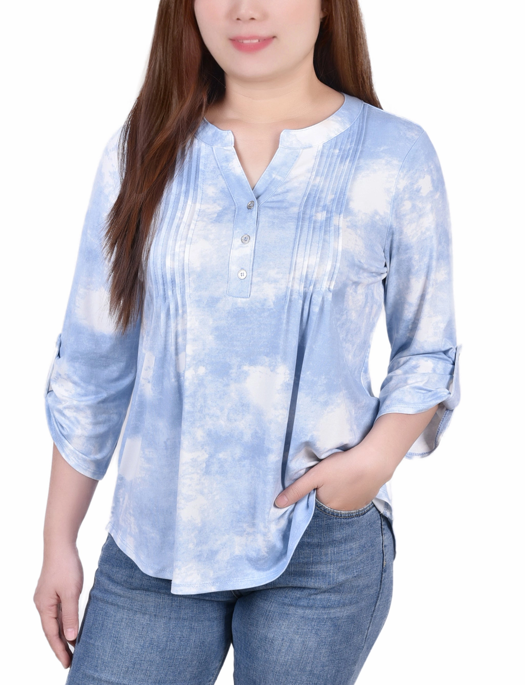 FrictionFreeNeckline ErgonomicSleeves Knit Jacquard 3/4 Sleeve Roll Tab Top