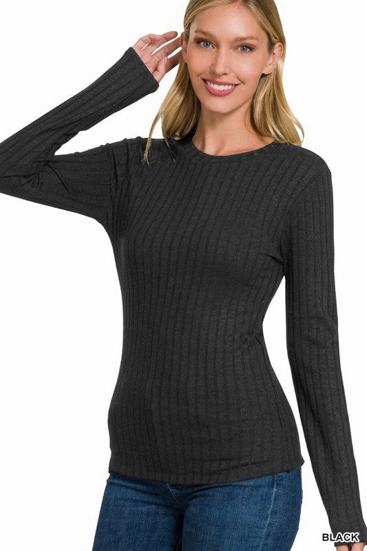MicrofiberBlend Rhonda Ribbed Long Sleeve Round Neck Top
