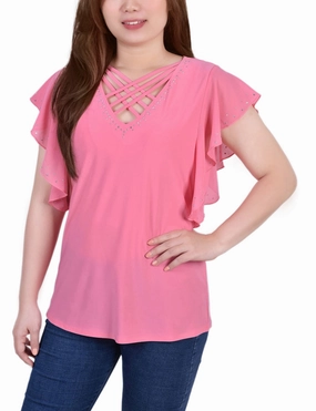 Flutter Sleeve Top With Criss Cross Strips NonRestrictive Cut