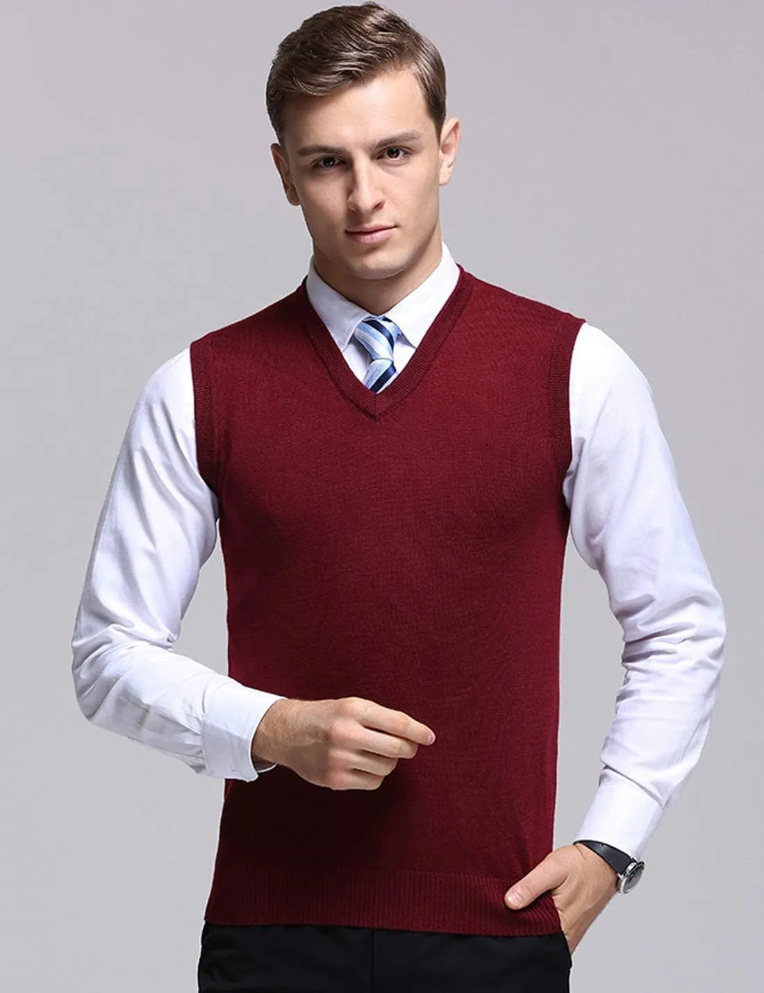 Flygo Men's Basic Slim Fit V-Neck Pullover Sweater Vest Wool Blend Knit Vest