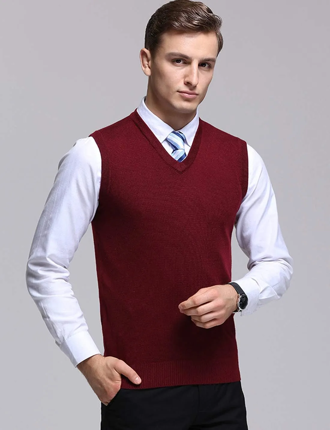 Flygo Men's Basic Slim Fit V-Neck Pullover Sweater Vest Wool Blend Knit Vest