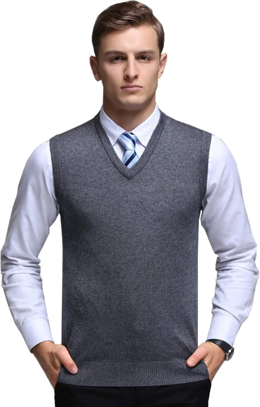 Flygo Men's Basic Slim Fit V-Neck Pullover Sweater Vest Wool Blend Knit Vest