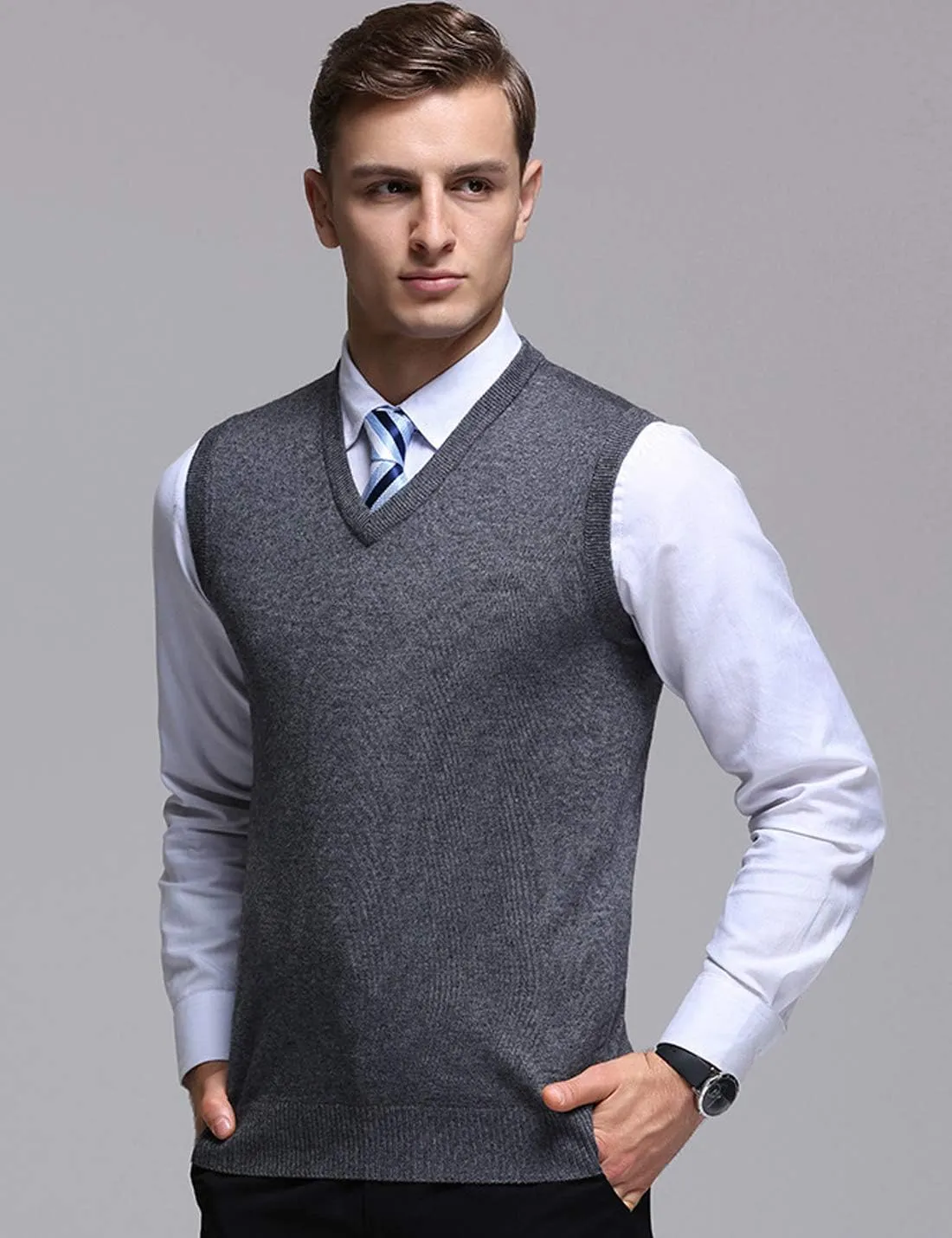 Flygo Men's Basic Slim Fit V-Neck Pullover Sweater Vest Wool Blend Knit Vest