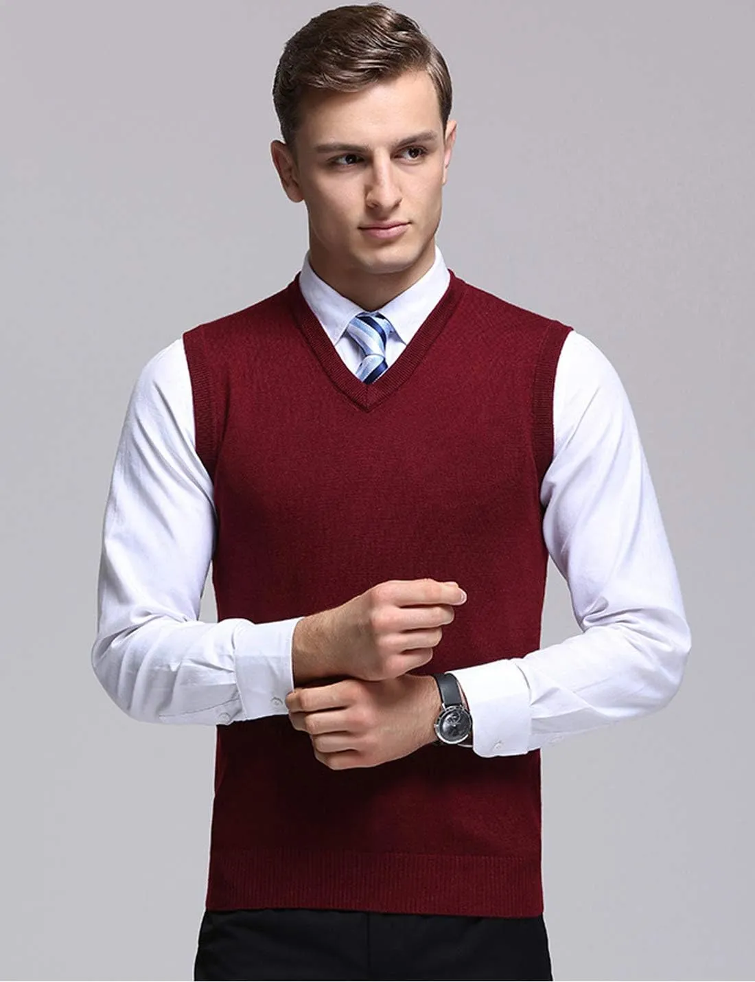 Flygo Men's Basic Slim Fit V-Neck Pullover Sweater Vest Wool Blend Knit Vest