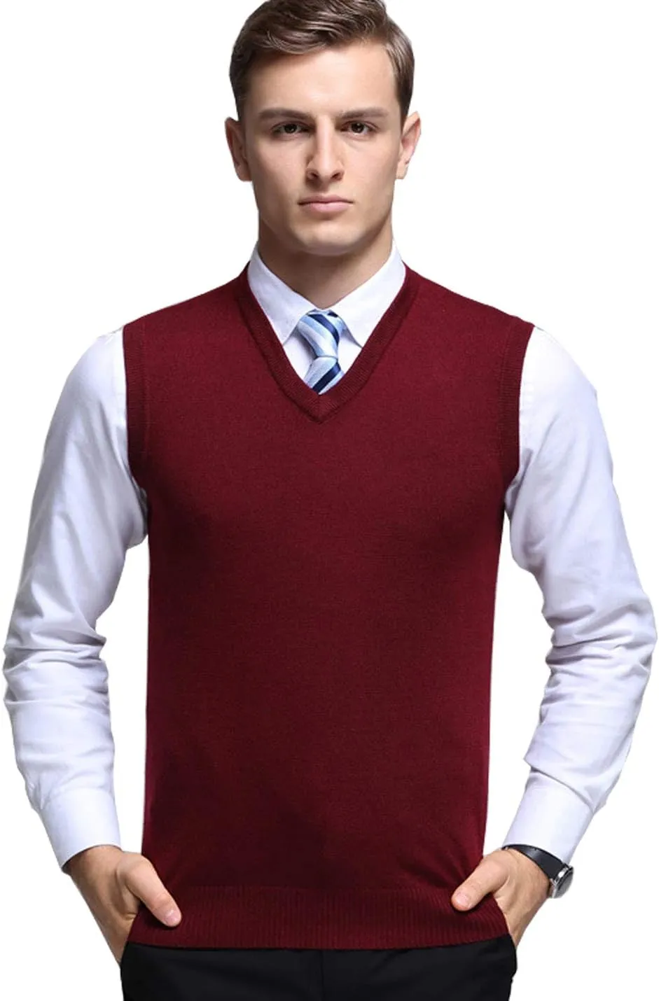 Flygo Men's Basic Slim Fit V-Neck Pullover Sweater Vest Wool Blend Knit Vest
