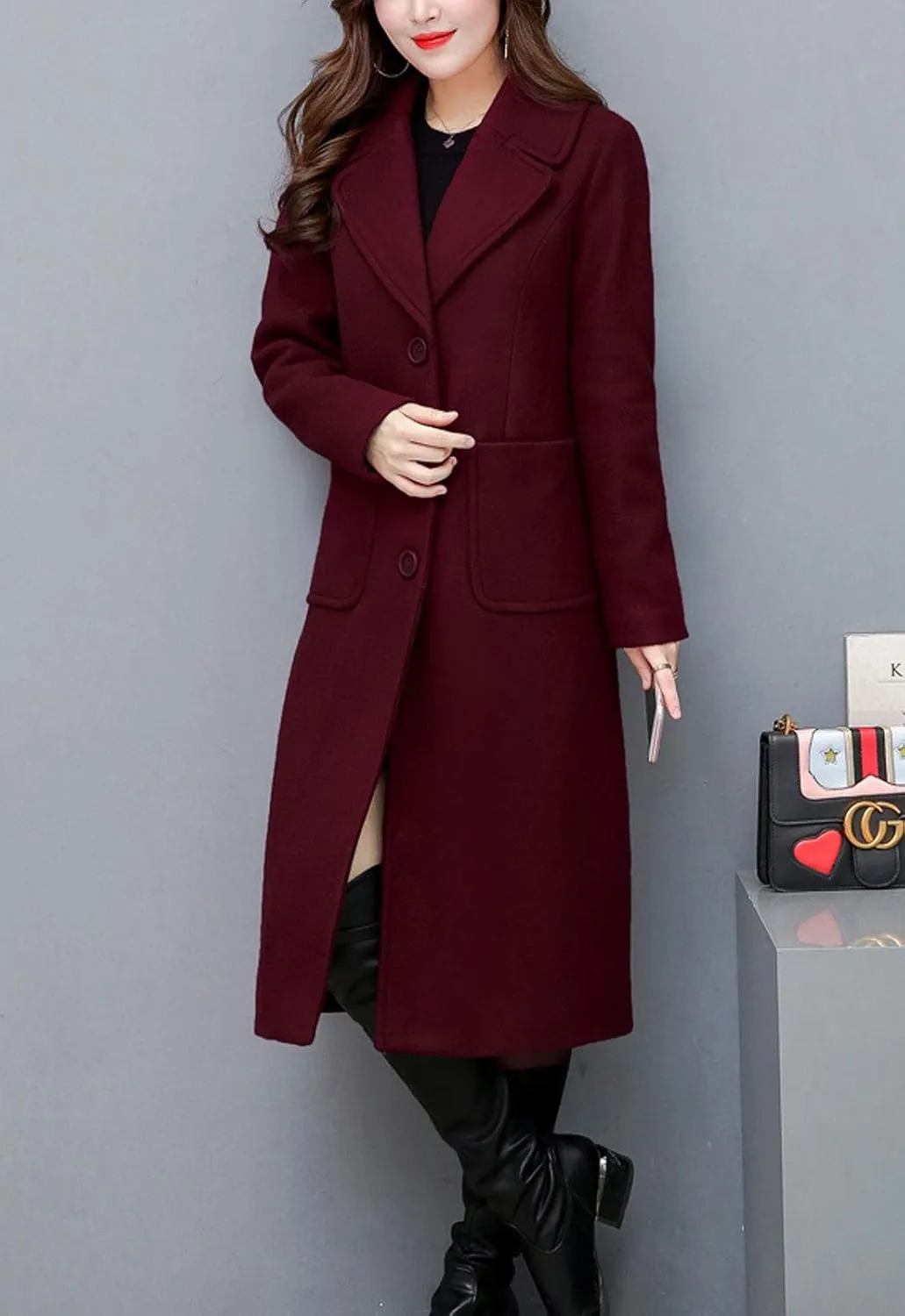 Flygo Women's Slim Fit Single Breasted Wool Blend Pea Coat Mid Long Outwear