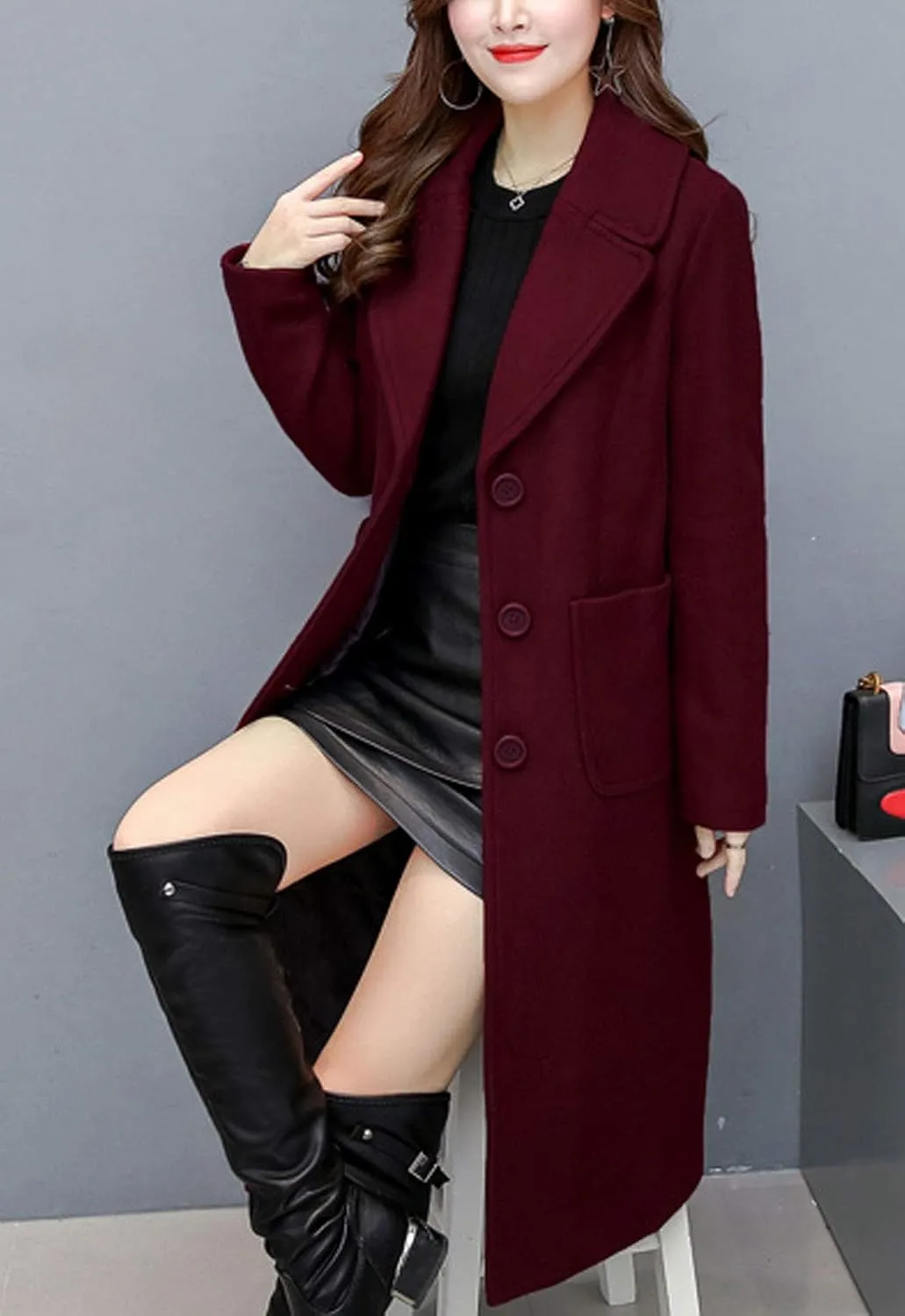 Flygo Women's Slim Fit Single Breasted Wool Blend Pea Coat Mid Long Outwear