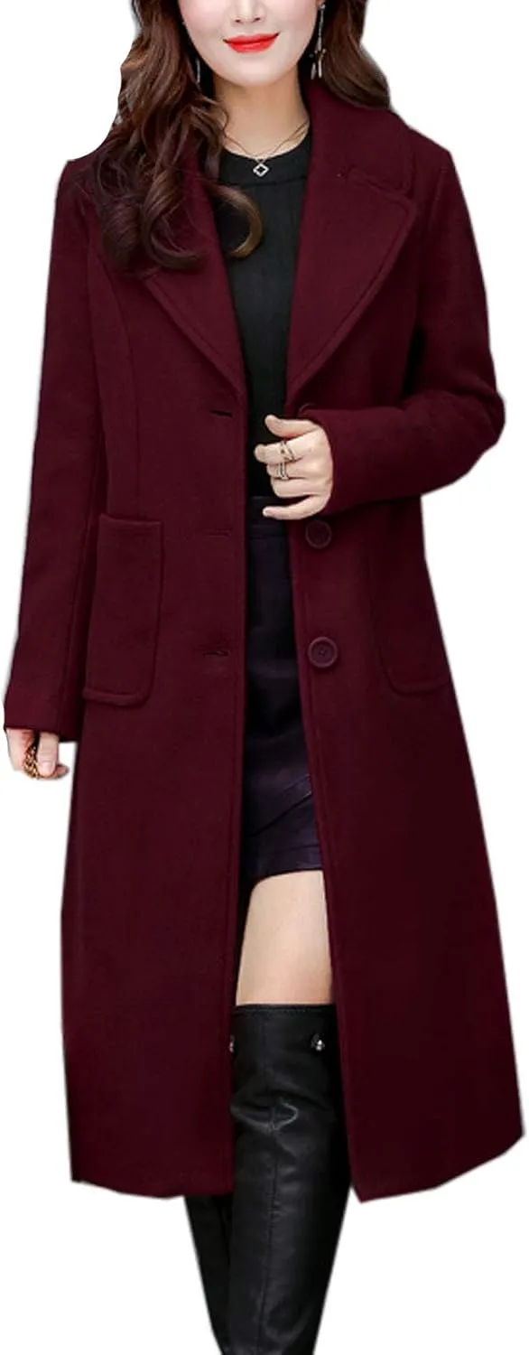 Flygo Women's Slim Fit Single Breasted Wool Blend Pea Coat Mid Long Outwear