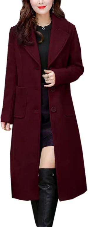 Flygo Women's Slim Fit Single Breasted Wool Blend Pea Coat Mid Long Outwear