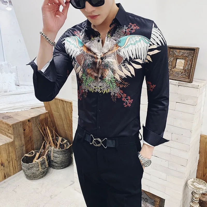 Flying Eagle Printing Slim Fit Style Men Long Sleeves  Shirt