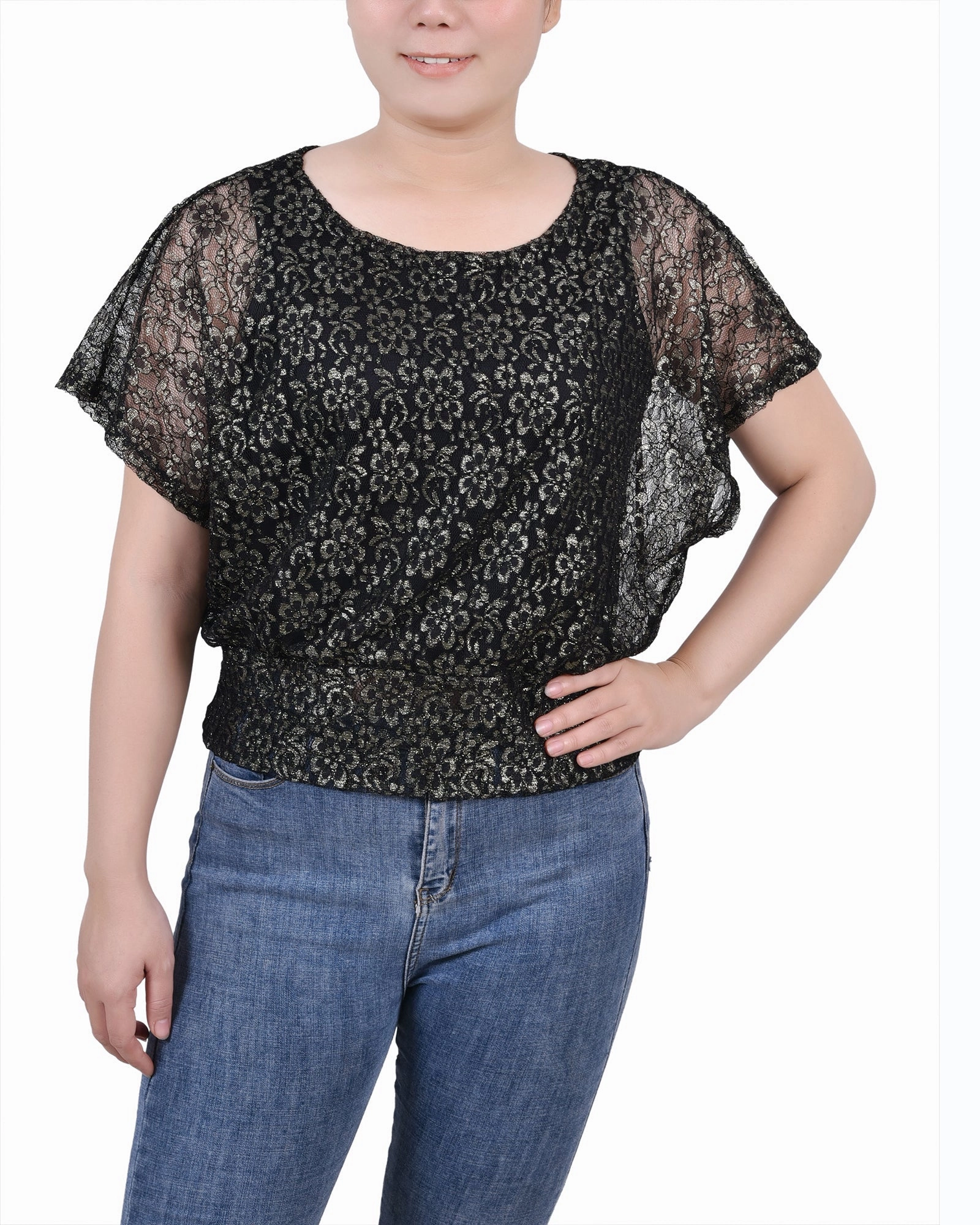 Foil Lace Poncho With Smocked Waist Layered Panel Construction AntiPillingSurface