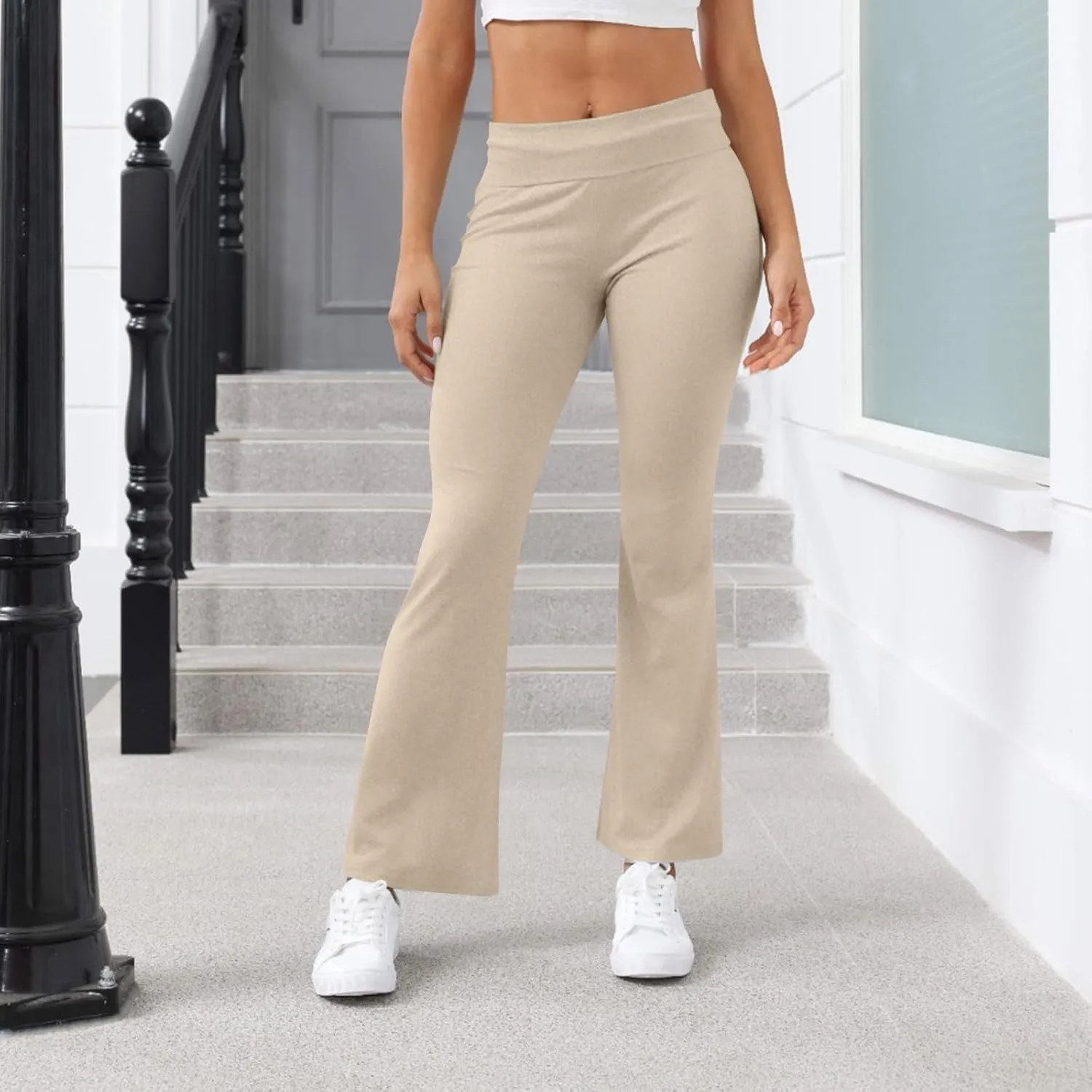Fold Over Yoga Pants for Women Tummy Control Low Waist Flare Leggings with Pockets Bootcut Bell Bottom Athletic Pants
