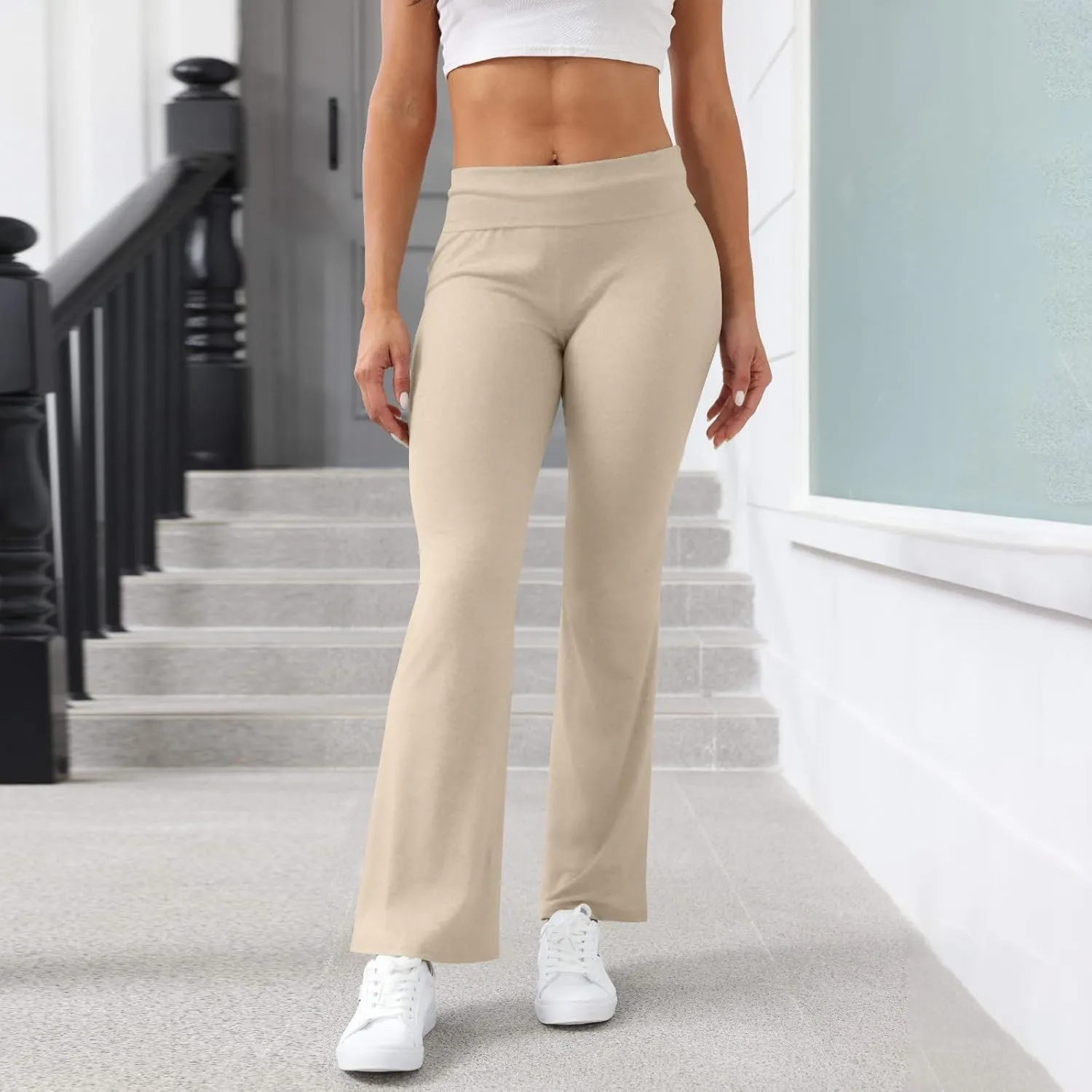 Fold Over Yoga Pants for Women Tummy Control Low Waist Flare Leggings with Pockets Bootcut Bell Bottom Athletic Pants