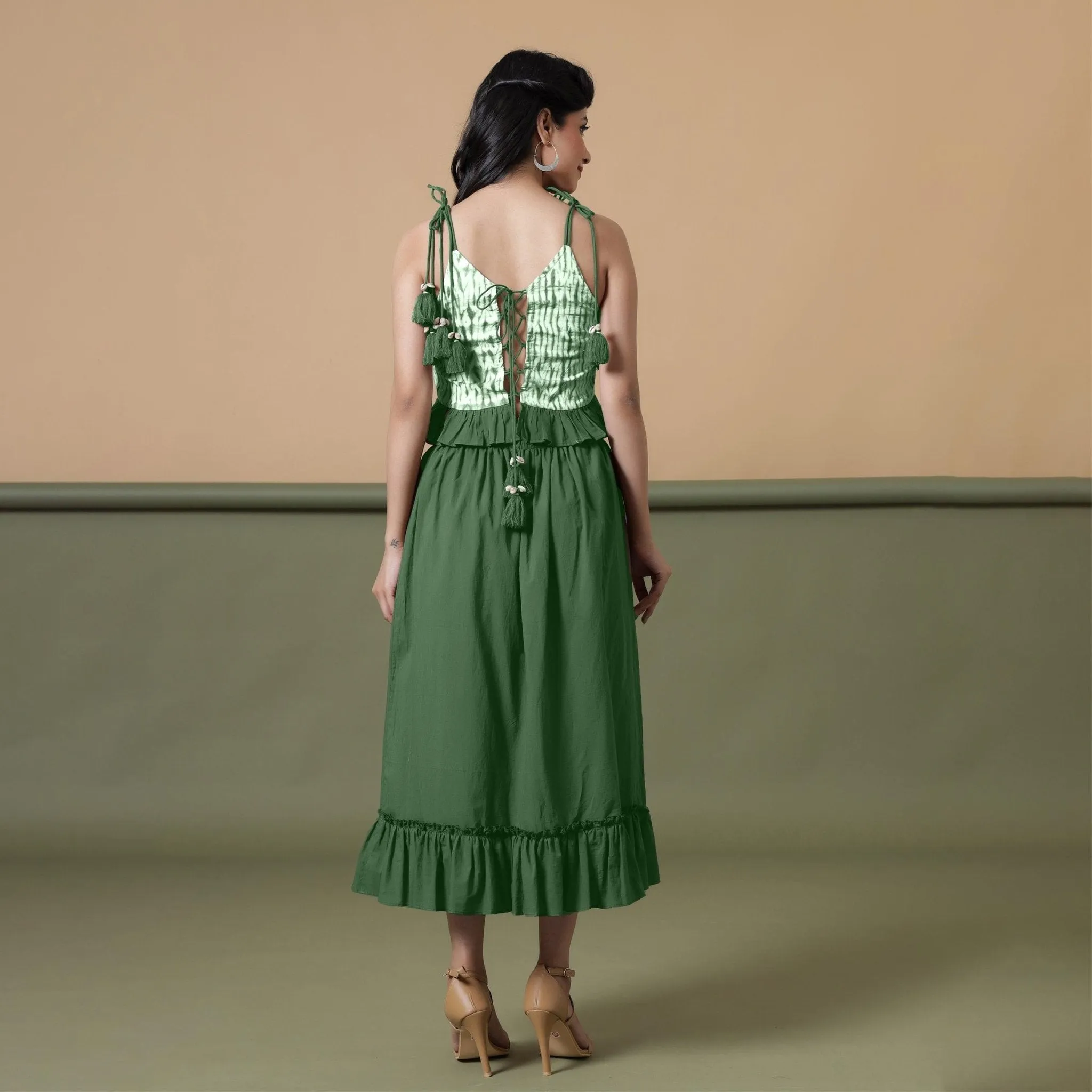 Forest Green 100% Cotton Elasticated Tier Midi Skirt