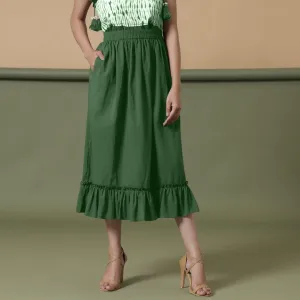 Forest Green 100% Cotton Elasticated Tier Midi Skirt