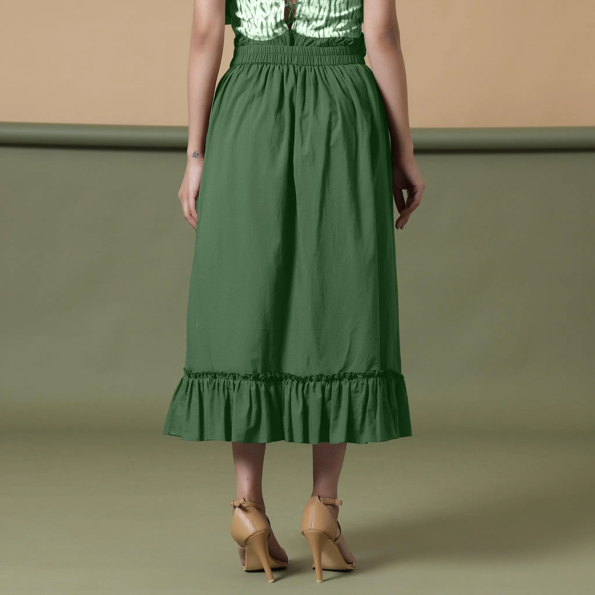 Forest Green 100% Cotton Elasticated Tier Midi Skirt