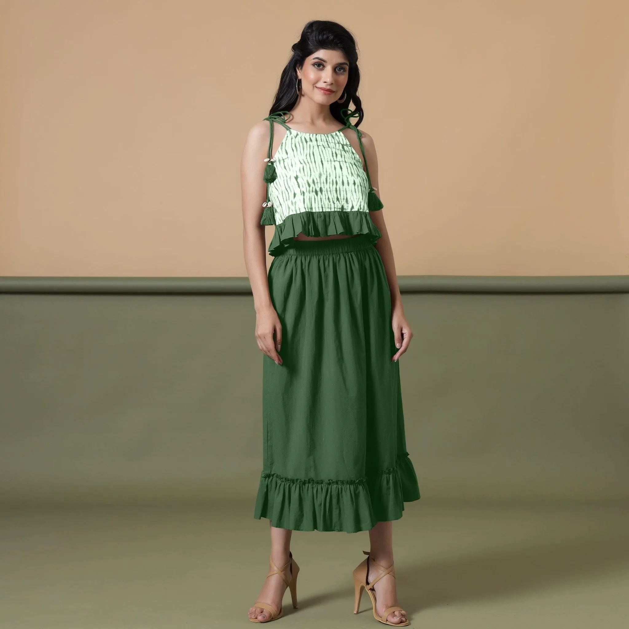 Forest Green 100% Cotton Elasticated Tier Midi Skirt