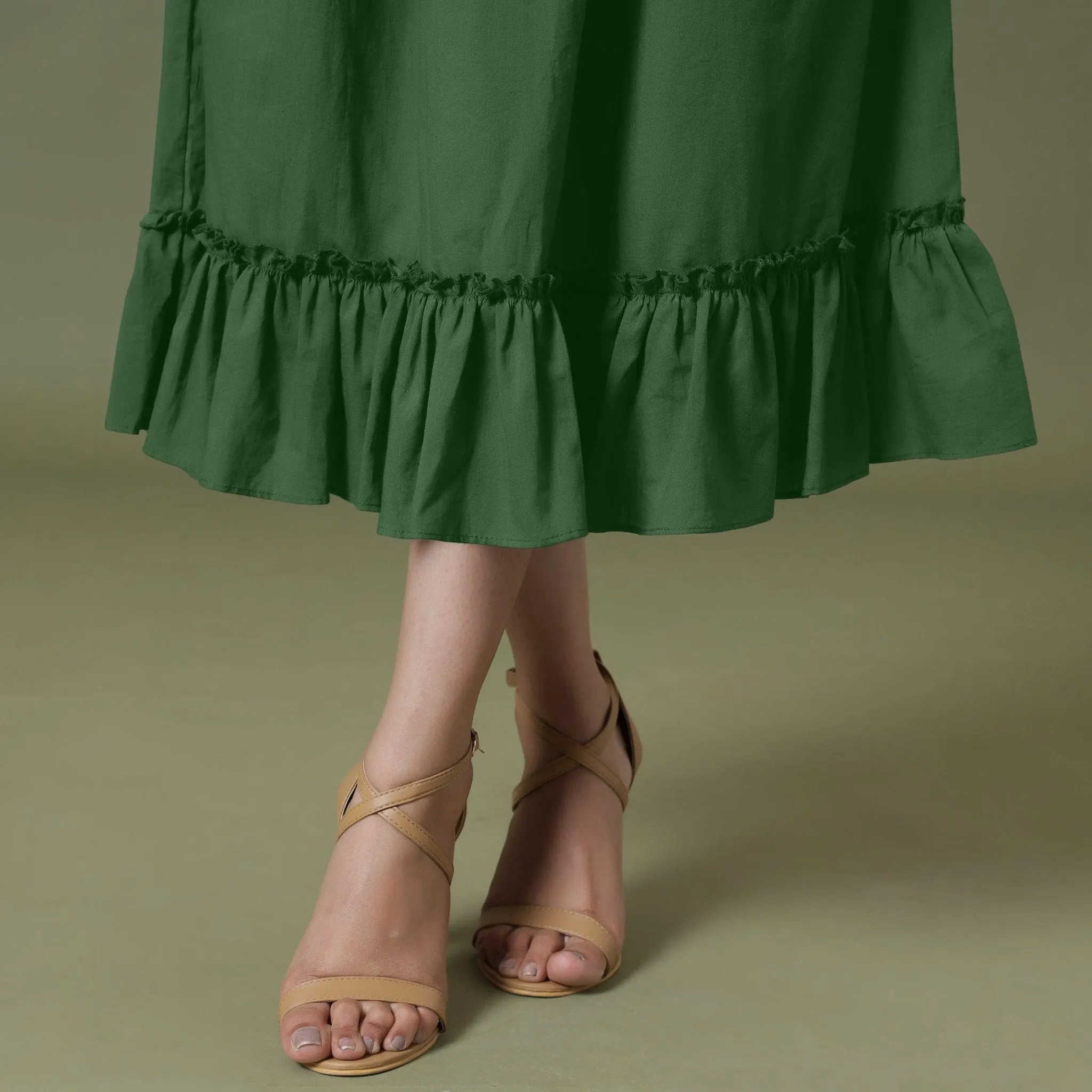 Forest Green 100% Cotton Elasticated Tier Midi Skirt