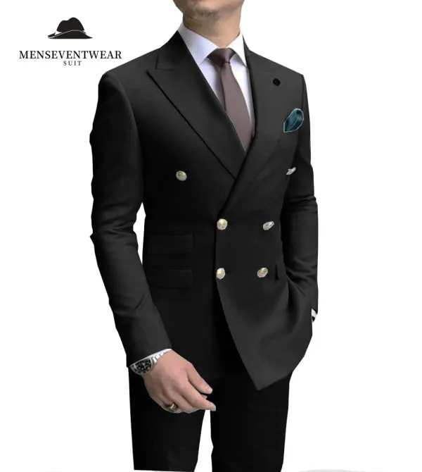 Formal 2 Pieces Mens Suit Double Breasted Flat Peak Lapel Tuxedos (Blazer Pants)
