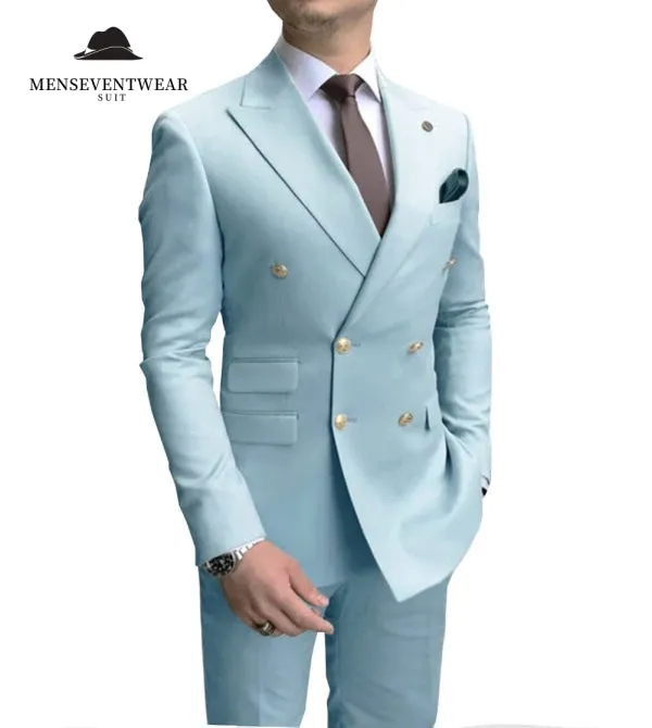 Formal 2 Pieces Mens Suit Double Breasted Flat Peak Lapel Tuxedos (Blazer Pants)