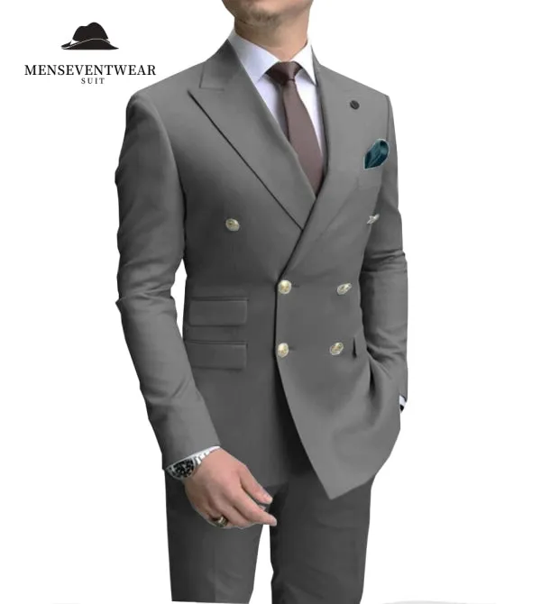 Formal 2 Pieces Mens Suit Double Breasted Flat Peak Lapel Tuxedos (Blazer Pants)