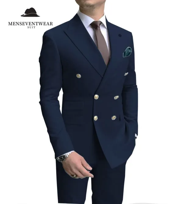 Formal 2 Pieces Mens Suit Double Breasted Flat Peak Lapel Tuxedos (Blazer Pants)