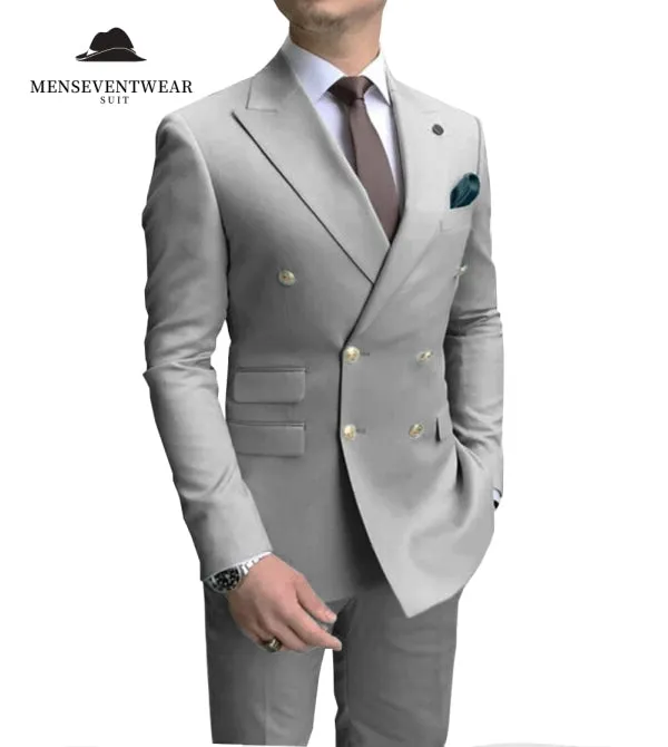 Formal 2 Pieces Mens Suit Double Breasted Flat Peak Lapel Tuxedos (Blazer Pants)