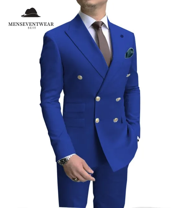 Formal 2 Pieces Mens Suit Double Breasted Flat Peak Lapel Tuxedos (Blazer Pants)