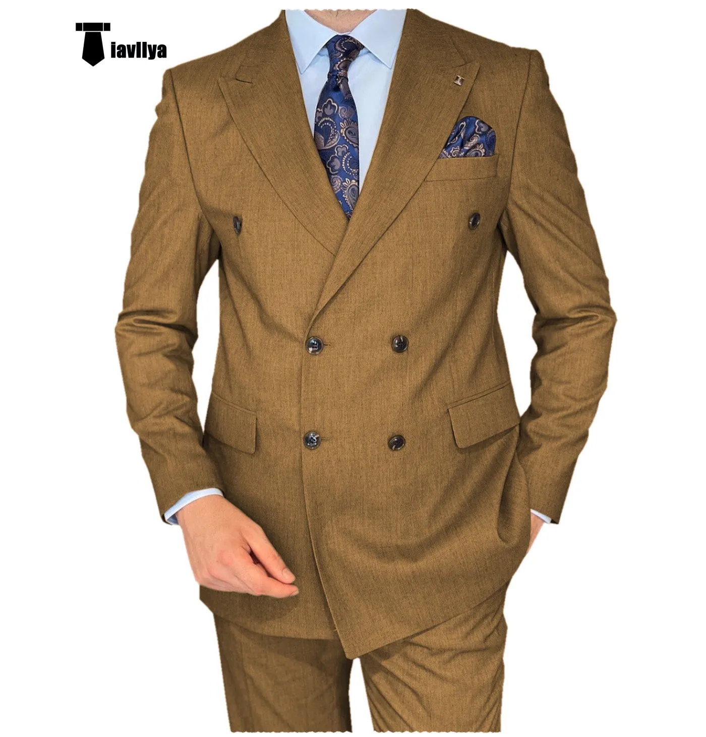 Formal 2 Pieces Mens Suit Flat Peak Lapel Double Breasted Tuxedos For Wedding (Blazer Pants)