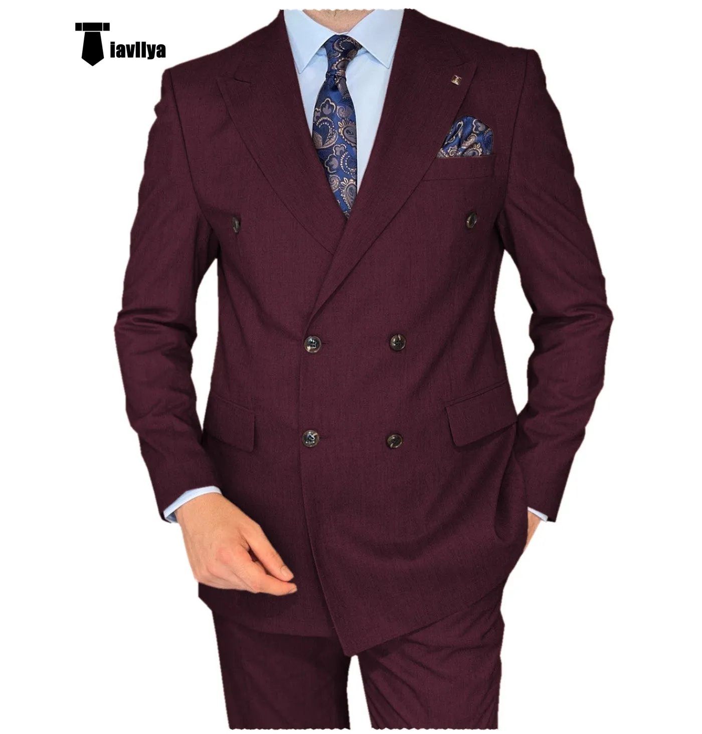 Formal 2 Pieces Mens Suit Flat Peak Lapel Double Breasted Tuxedos For Wedding (Blazer Pants)