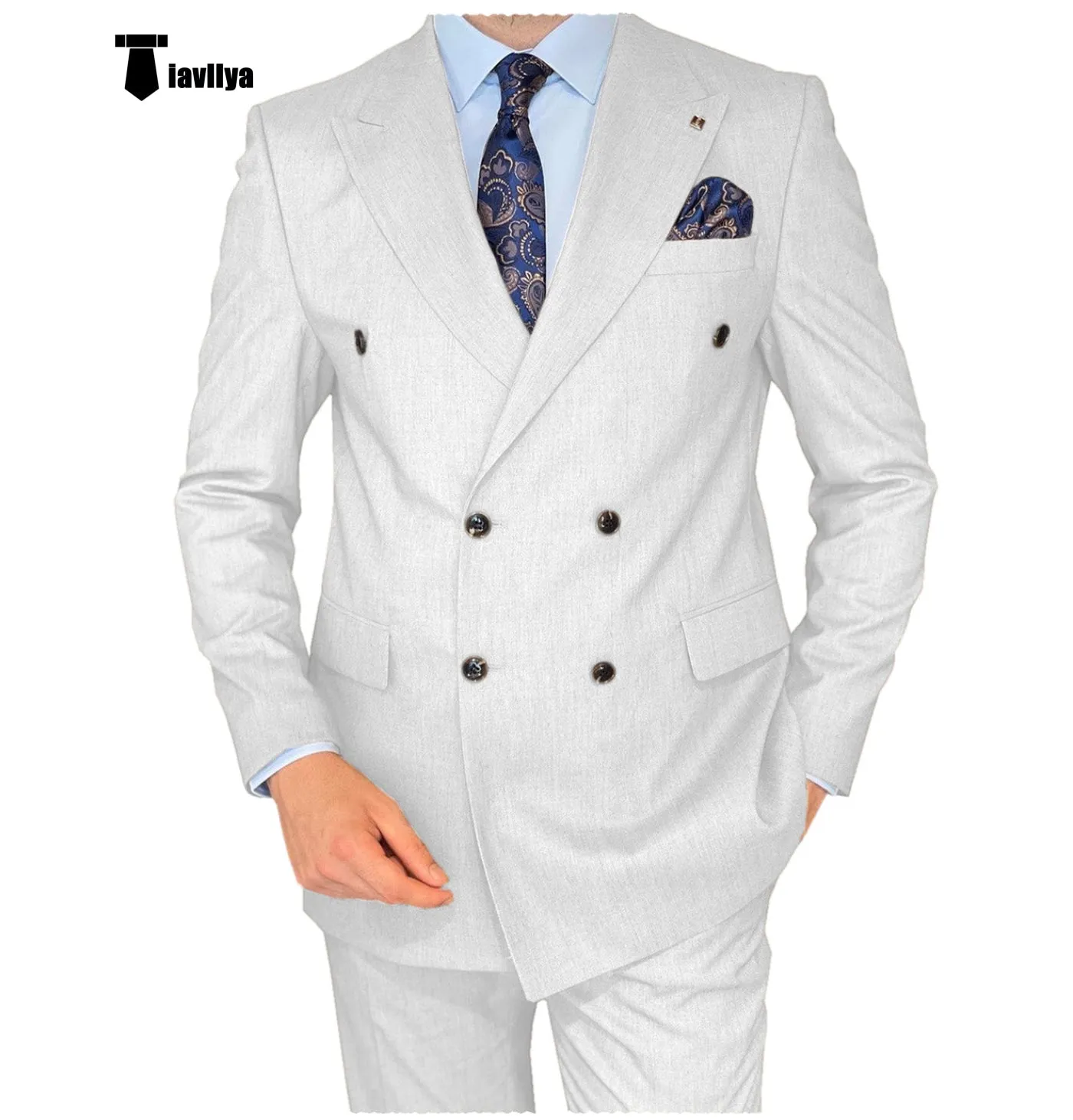 Formal 2 Pieces Mens Suit Flat Peak Lapel Double Breasted Tuxedos For Wedding (Blazer Pants)