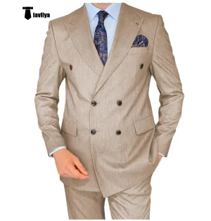 Formal 2 Pieces Mens Suit Flat Peak Lapel Double Breasted Tuxedos For Wedding (Blazer Pants)