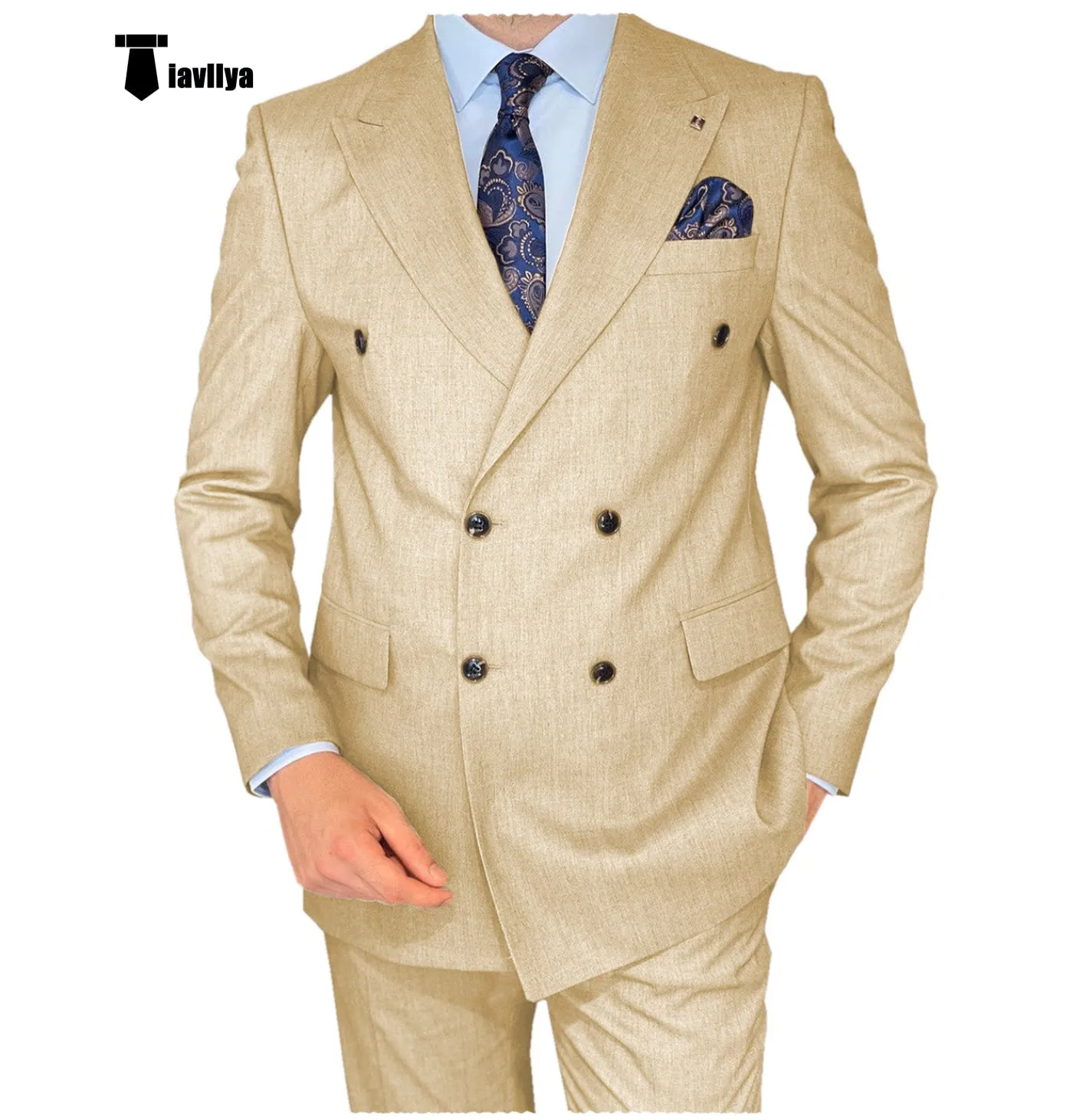 Formal 2 Pieces Mens Suit Flat Peak Lapel Double Breasted Tuxedos For Wedding (Blazer Pants)