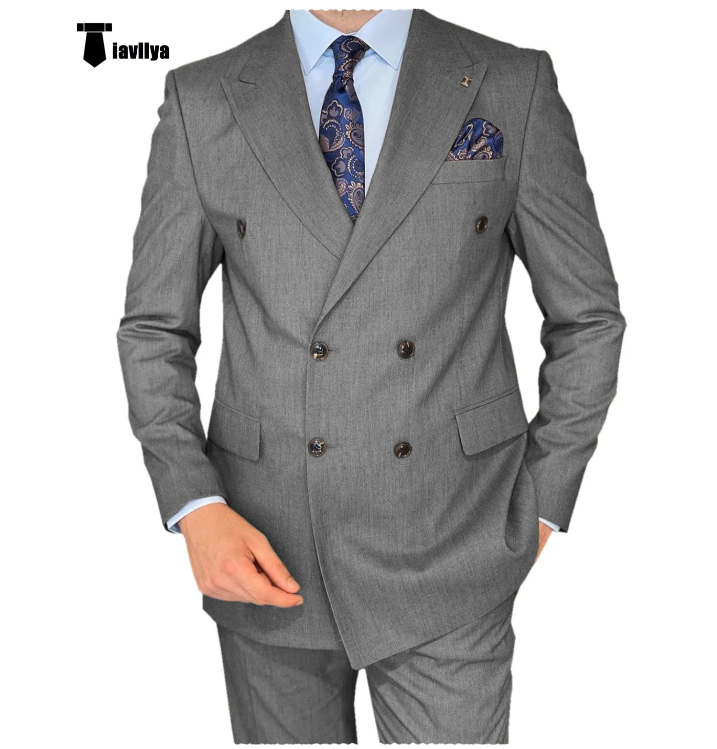 Formal 2 Pieces Mens Suit Flat Peak Lapel Double Breasted Tuxedos For Wedding (Blazer Pants)