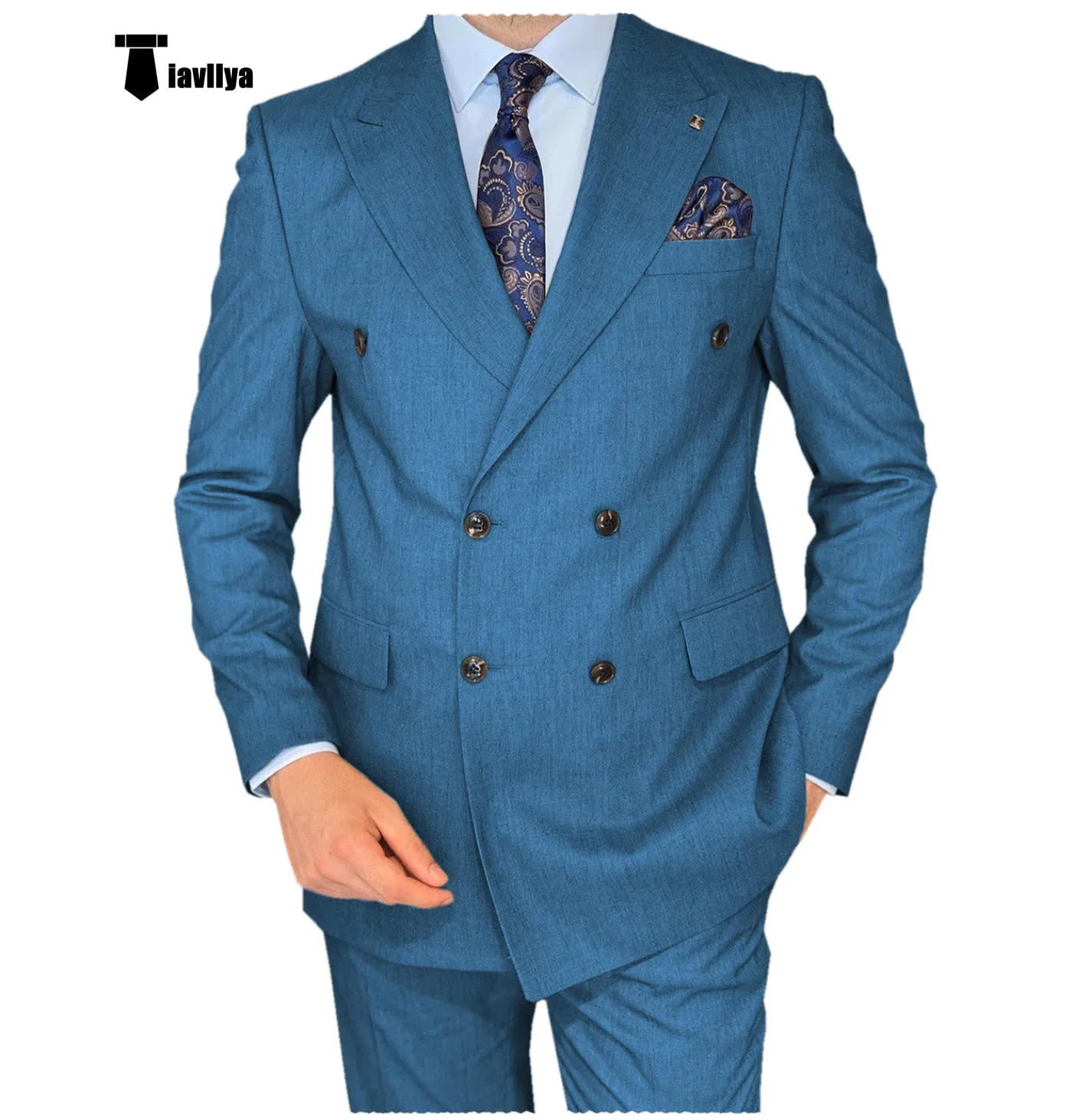 Formal 2 Pieces Mens Suit Flat Peak Lapel Double Breasted Tuxedos For Wedding (Blazer Pants)