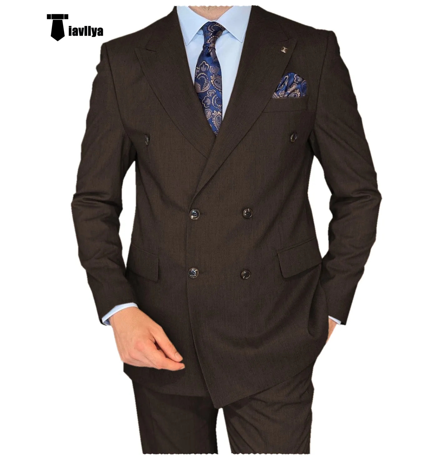 Formal 2 Pieces Mens Suit Flat Peak Lapel Double Breasted Tuxedos For Wedding (Blazer Pants)
