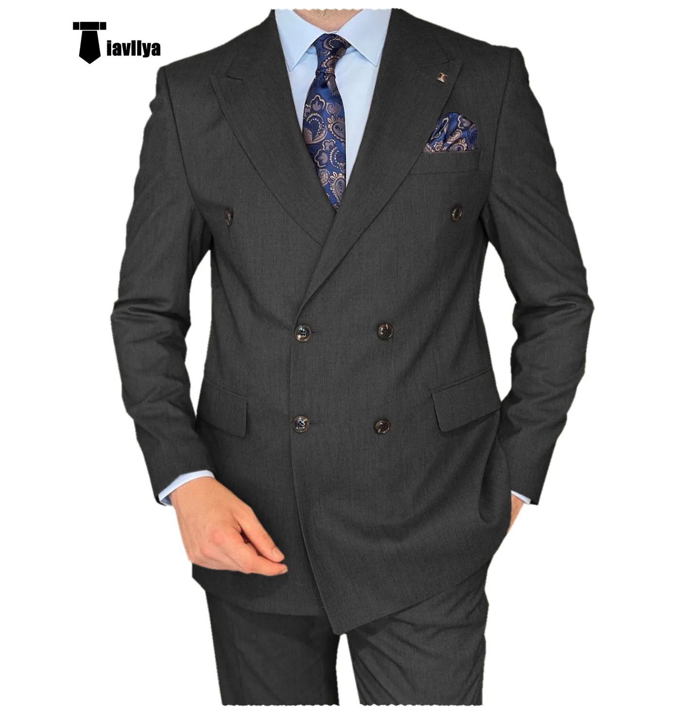 Formal 2 Pieces Mens Suit Flat Peak Lapel Double Breasted Tuxedos For Wedding (Blazer Pants)