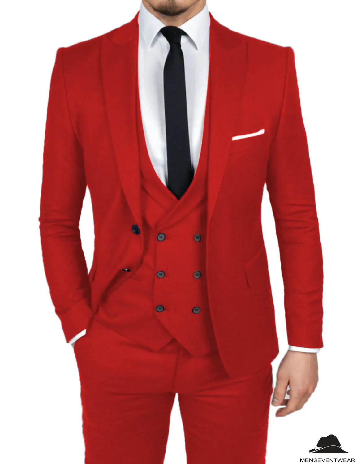 Formal Men's 3 Pieces Flat Slim Fit Peak Lapel Tuxedos Groomsmen (Blazer vest Pants)