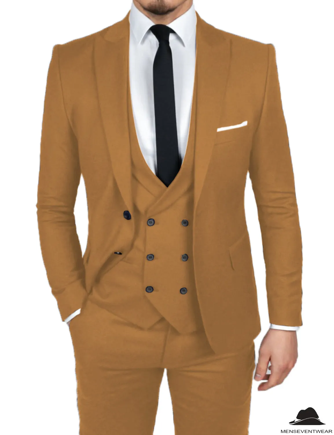 Formal Men's 3 Pieces Flat Slim Fit Peak Lapel Tuxedos Groomsmen (Blazer vest Pants)