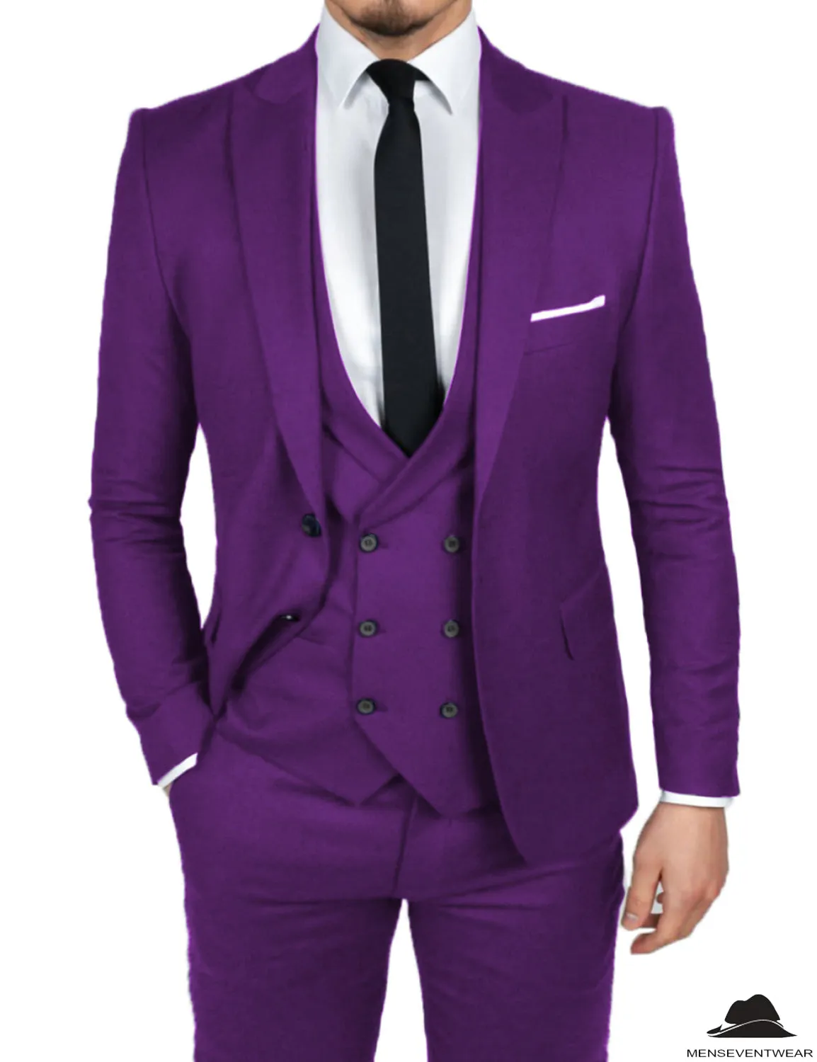 Formal Men's 3 Pieces Flat Slim Fit Peak Lapel Tuxedos Groomsmen (Blazer vest Pants)