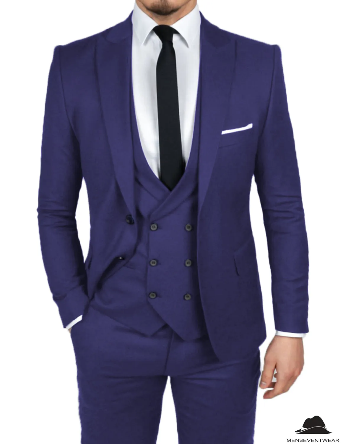 Formal Men's 3 Pieces Flat Slim Fit Peak Lapel Tuxedos Groomsmen (Blazer vest Pants)
