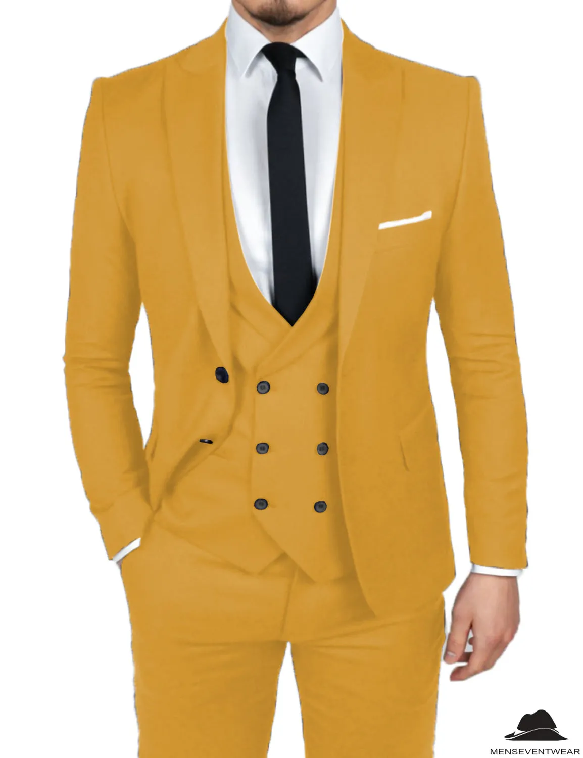 Formal Men's 3 Pieces Flat Slim Fit Peak Lapel Tuxedos Groomsmen (Blazer vest Pants)