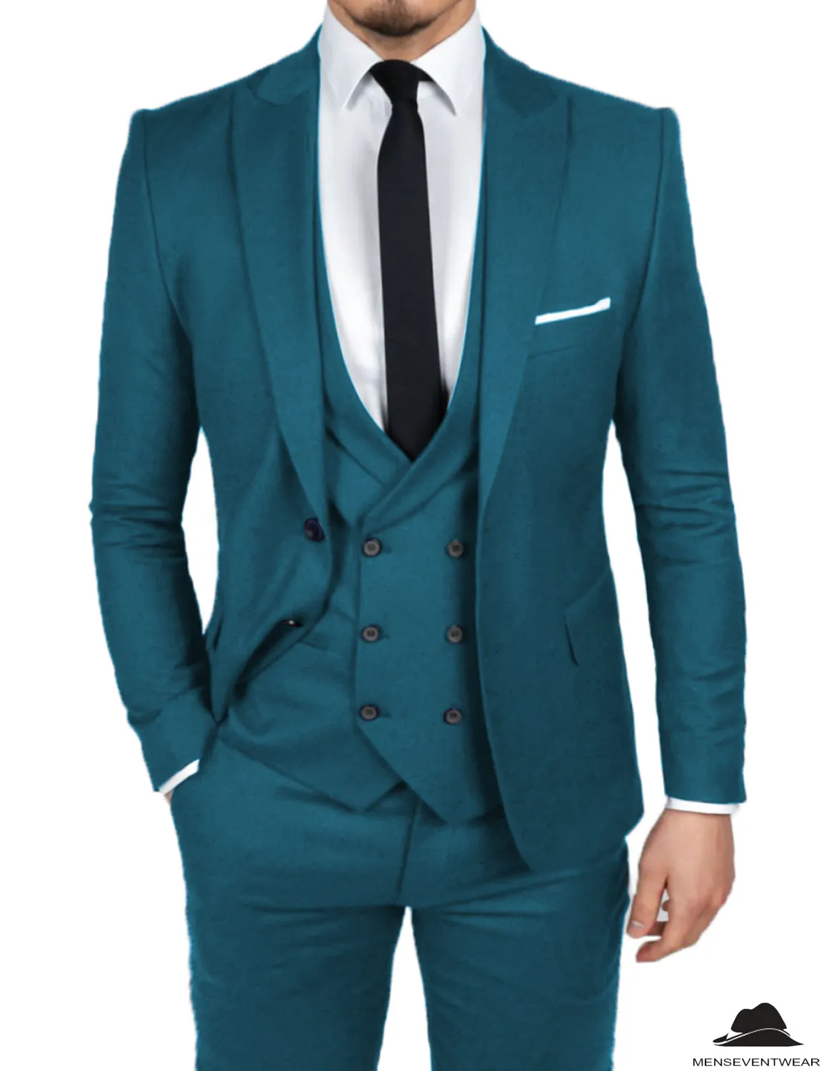 Formal Men's 3 Pieces Flat Slim Fit Peak Lapel Tuxedos Groomsmen (Blazer vest Pants)