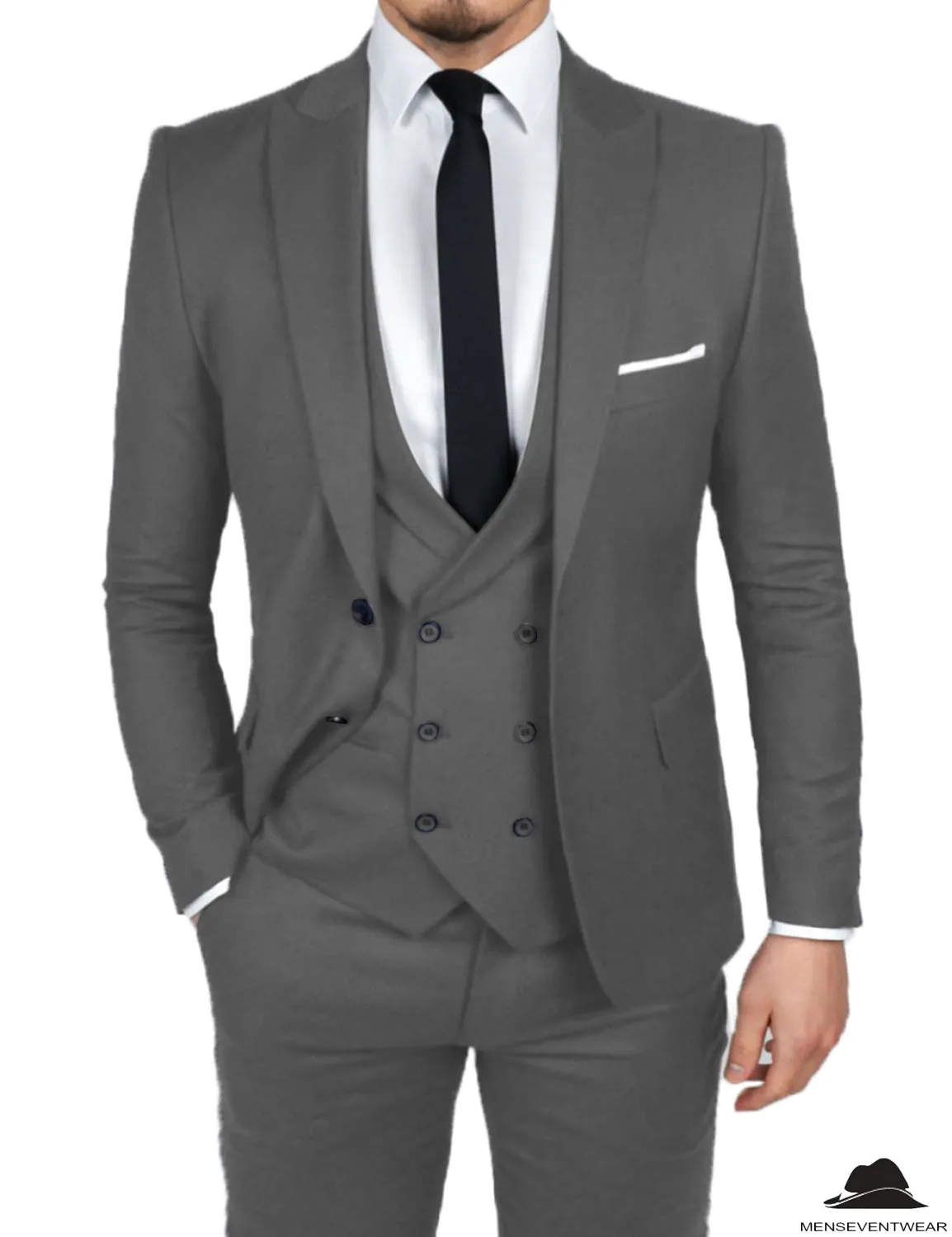 Formal Men's 3 Pieces Flat Slim Fit Peak Lapel Tuxedos Groomsmen (Blazer vest Pants)